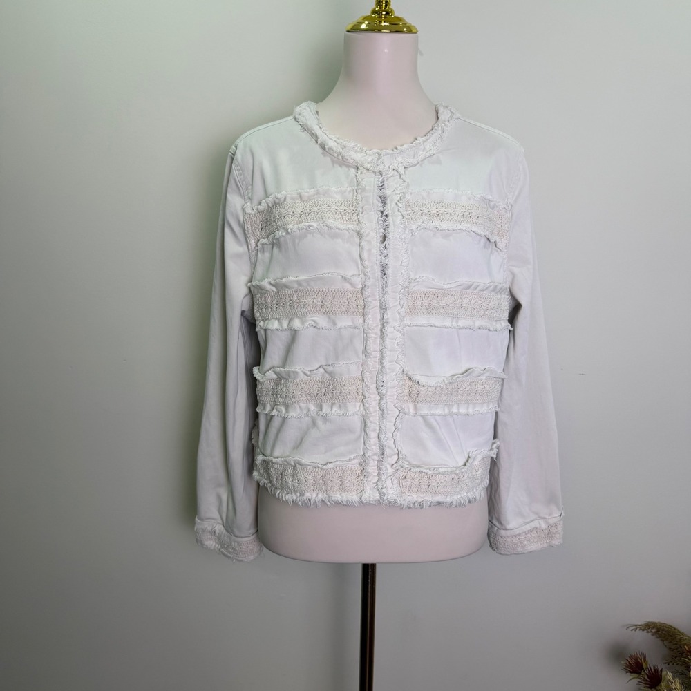 Liverpool Los Angeles Womens Large Off White Crochet Fringed Raw Hem Jacket Boho
